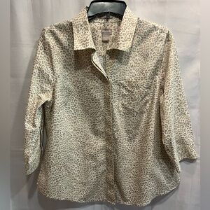 Chico’s Three Quarter Sleeve Button Up Blouse Tan Animal Print Size 1
